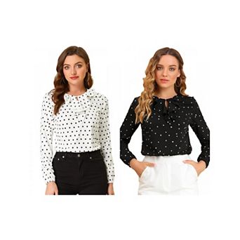 2 Packs Women's Ruffle Neck Long Sleeve Polka Dots Blouse Shirts