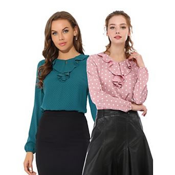 2 Packs Women's Ruffle Neck Long Sleeve Polka Dots Blouse Shirts