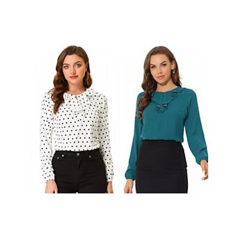 2 Packs Women's Ruffle Neck Long Sleeve Polka Dots Blouse Shirts