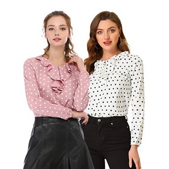 2 Packs Women's Ruffle Neck Long Sleeve Polka Dots Blouse Shirts