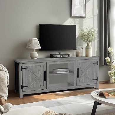 58" Farmhouse TV Stand with Open Storage Shelves and Cabinets for TV up to 65"
