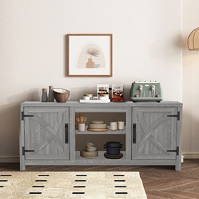 58" Farmhouse TV Stand with Open Storage Shelves and Cabinets for TV up to 65"