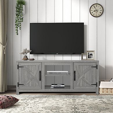 58" Farmhouse TV Stand with Open Storage Shelves and Cabinets for TV up to 65"