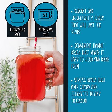 24oz Clear Mason Jar Style Mugs, 4pk; Glass Tumblers with Handles