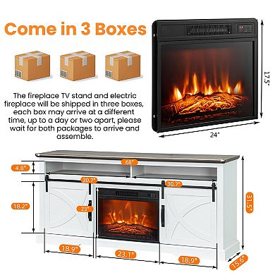 68" Farmhouse Sliding Barn Door Electric Fireplace TV Stands Media Console for TVs up to 78"