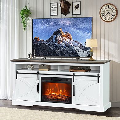 68" Farmhouse Sliding Barn Door Electric Fireplace TV Stands Media Console for TVs up to 78"