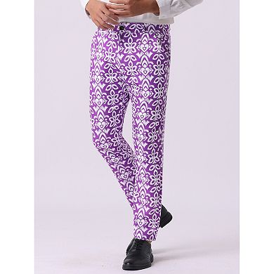 Retro Floral Dress Pants for Men's Flat Front Formal Paisley Flower Pattern Trouser