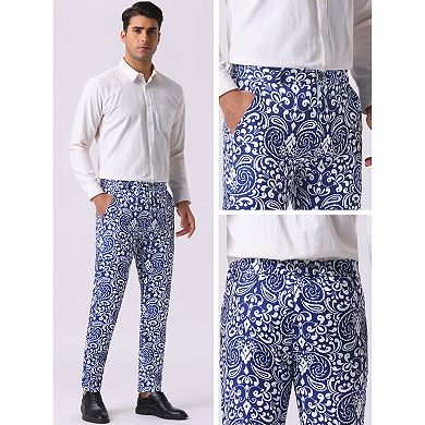 Retro Floral Dress Pants for Men's Flat Front Formal Paisley Flower Pattern Trouser