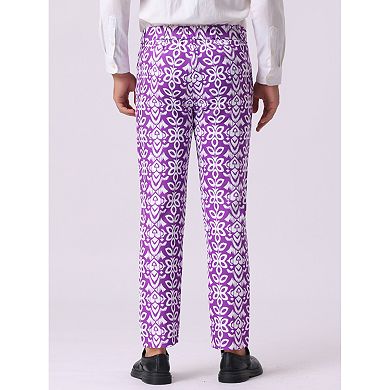 Retro Floral Dress Pants for Men's Flat Front Formal Paisley Flower Pattern Trouser