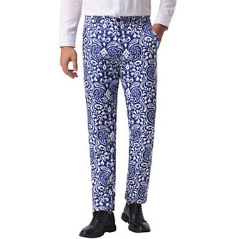 Retro Floral Dress Pants for Men's Flat Front Formal Paisley Flower Pattern Trouser