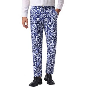 Retro Floral Dress Pants for Men's Flat Front Formal Paisley Flower Pattern Trouser