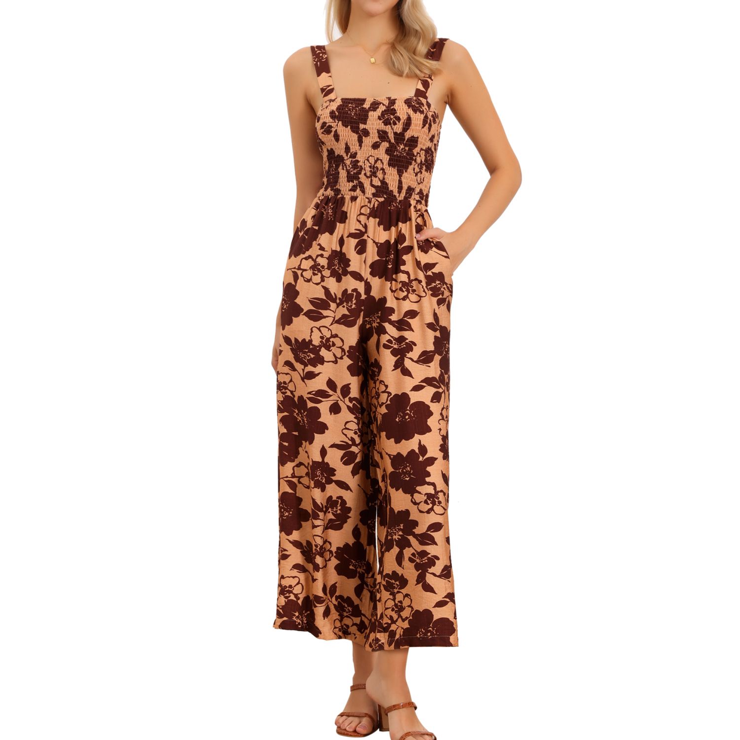 Женские брюки Floral Jumpsuits for Casual Sleeveless High Waist Wide Leg Long Pants Rompers with Pockets