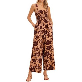 Floral Jumpsuits for Women's Casual Sleeveless High Waist Wide Leg Long Pants Rompers with Pockets