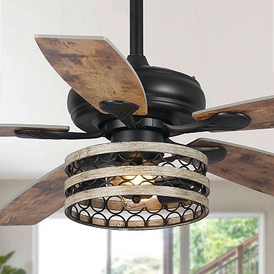 52" Farmhouse Driftwood 5-Blade Black Caged Indoor Ceiling Fan with Remote