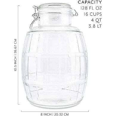 Gallon Glass Barrel Jar; Clamp-Top Barrel-Shaped Canister for Pantry Storage