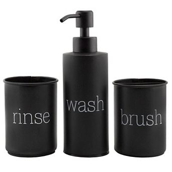Black Enamel Bathroom Set; Soap Dispenser, Toothbrush Cup, and Rinse Holder