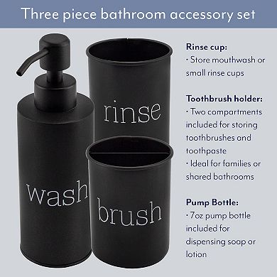 Black Enamel Bathroom Set; Soap Dispenser, Toothbrush Cup, and Rinse Holder