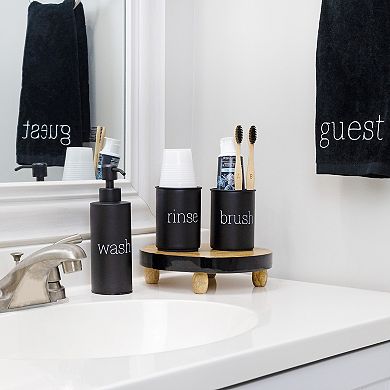 Black Enamel Bathroom Set; Soap Dispenser, Toothbrush Cup, and Rinse Holder
