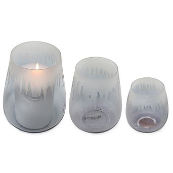 Blue Gray Votive Candle Holders, 3 pc Hurricane Lantern Style Set