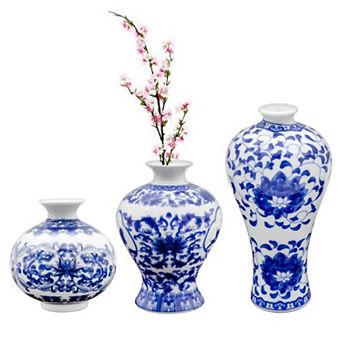 Blue and White Chinoiserie Vases, 3 pc Set; Antique Style Decorative Mini Vases