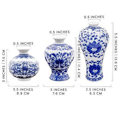 Blue and White Chinoiserie Vases, 3pc Set; Antique Style Decorative Mini Vases
