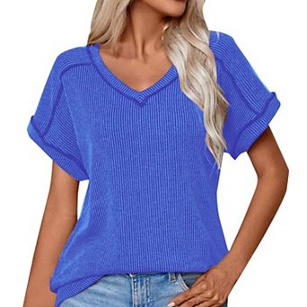 V Neck Cap Sleeve Ribbed Summer Tops for Women Trendy Casual Tshirt