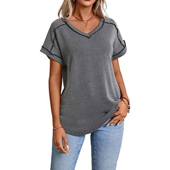 V Neck Cap Sleeve Ribbed Summer Tops for Women Trendy Casual Tshirt