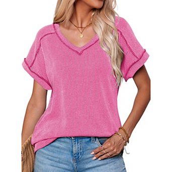 V Neck Cap Sleeve Ribbed Summer Tops for Women Trendy Casual Tshirt