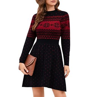 Women Long Sleeve Knitted Crewneck High Waist A-Line Cute Mini Sweater Dress