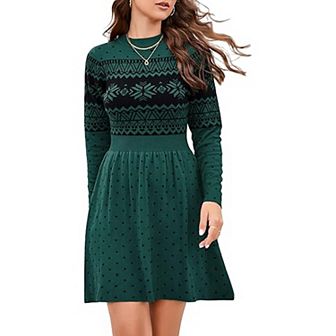 Women Long Sleeve Knitted Crewneck High Waist A-Line Cute Mini Sweater Dress