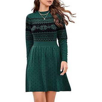 Women Long Sleeve Knitted Crewneck High Waist A-Line Cute Mini Sweater Dress