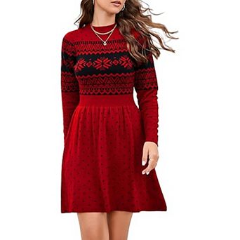 Women Long Sleeve Knitted Crewneck High Waist A-Line Cute Mini Sweater Dress