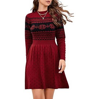 Women Long Sleeve Knitted Crewneck High Waist A-Line Cute Mini Sweater Dress
