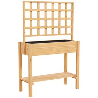 Outsunny Wooden Raised Planter with Trellis, Garden Box with Storage Shelf