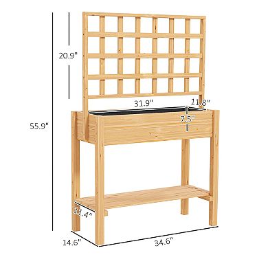 Outsunny Wooden Raised Planter with Trellis, Garden Box with Storage Shelf