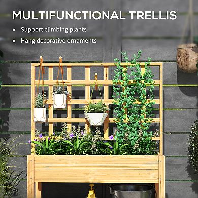 Outsunny Wooden Raised Planter with Trellis, Garden Box with Storage Shelf