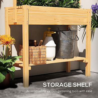Outsunny Wooden Raised Planter with Trellis, Garden Box with Storage Shelf