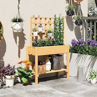 Outsunny Wooden Raised Planter with Trellis, Garden Box with Storage Shelf