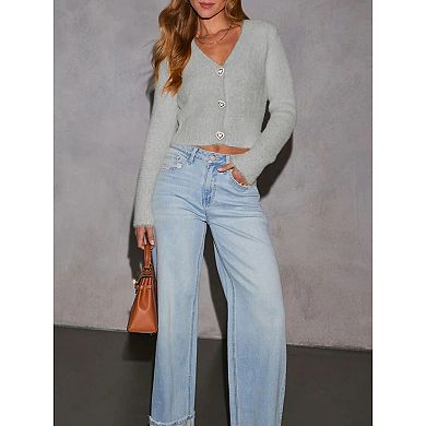 Women Cropped Cardigan Sweater V Neck Button Down Open Front Top