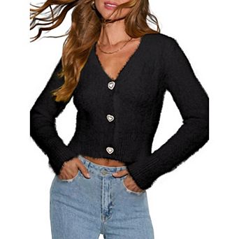 Women Cropped Cardigan Sweater V Neck Button Down Open Front Top