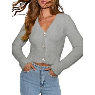 Women Cropped Cardigan Sweater V Neck Button Down Open Front Top