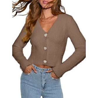 Women Cropped Cardigan Sweater V Neck Button Down Open Front Top