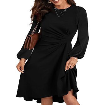 Women's Cocktail Dress Long Sleeve Ruffle Waist Asymmetric Hem Midi Bodycon