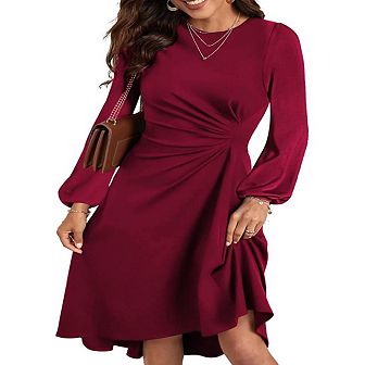 Women's Cocktail Dress Long Sleeve Ruffle Waist Asymmetric Hem Midi Bodycon