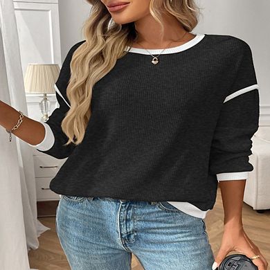 Women's Long Sleeve Pullover Sweater Round Neck Contrast Color Block Ribbed Knitwear