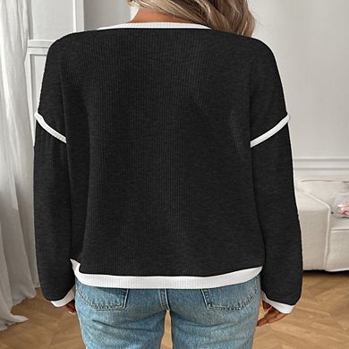 Women's Long Sleeve Pullover Sweater Round Neck Contrast Color Block Ribbed Knitwear
