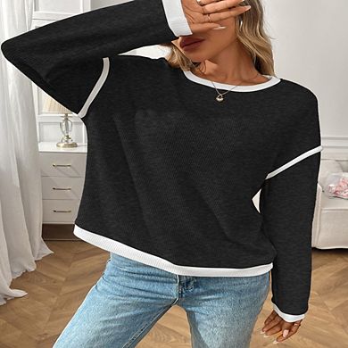 Women's Long Sleeve Pullover Sweater Round Neck Contrast Color Block Ribbed Knitwear