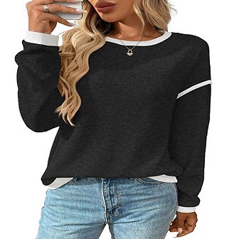Women's Long Sleeve Pullover Sweater Round Neck Contrast Color Block Ribbed Knitwear