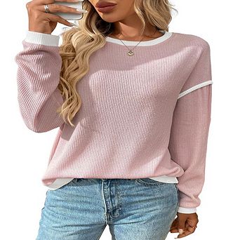 Women's Long Sleeve Pullover Sweater Round Neck Contrast Color Block Ribbed Knitwear