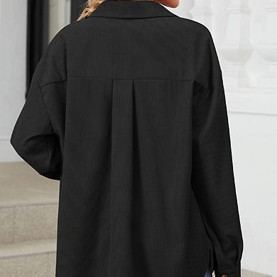 Women's Corduroy Shirt Jacket V-Neck Oversized Pocket Long Sleeve Comfortable